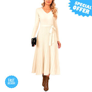 BRAND NEW Arach&Cloz Wool Blend Tie Waist Pleated Fall Sweater Dress